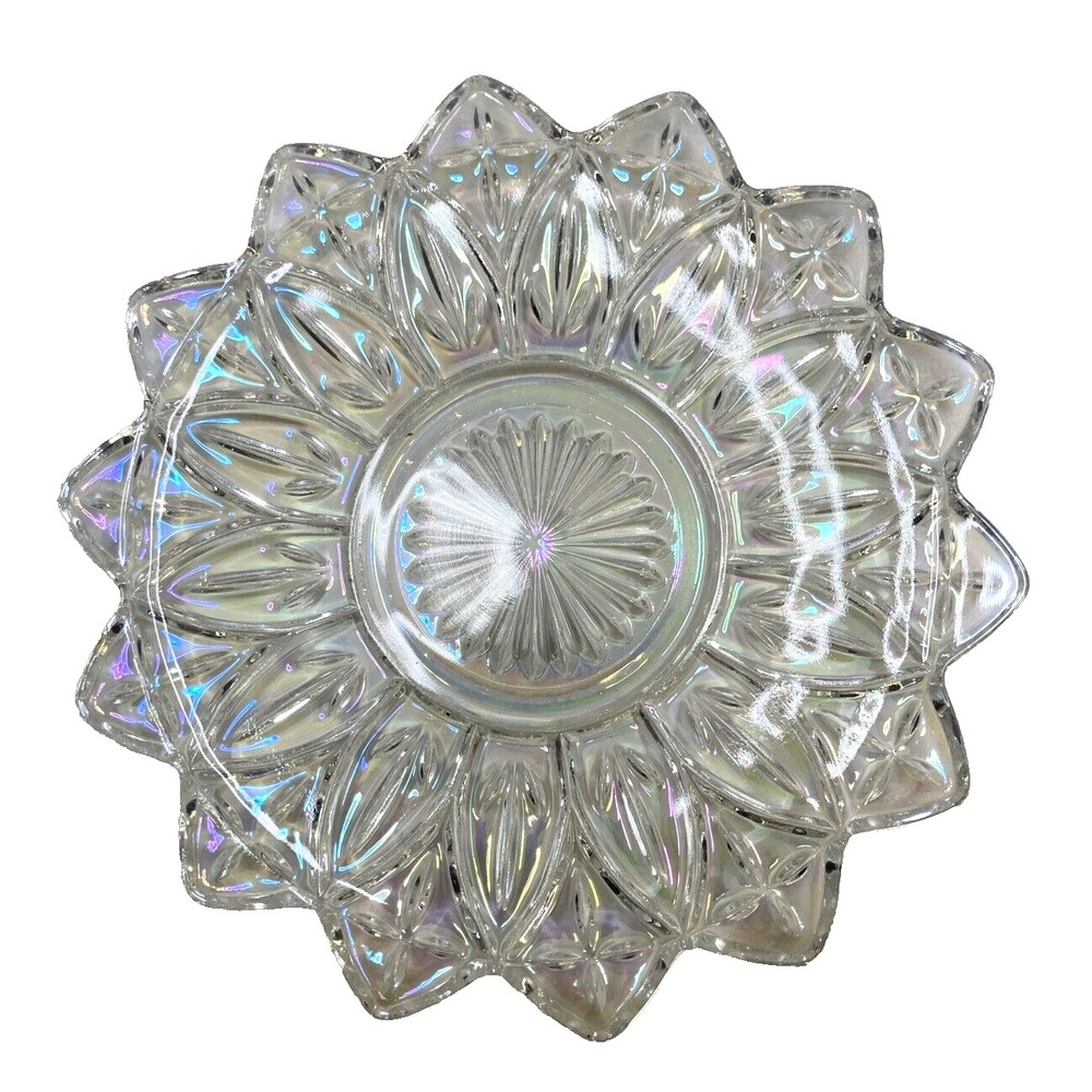 Vtg 1960s‎ Star Flower Petal Federal Clear Iridescent Carnival Glass Plate 9.25"